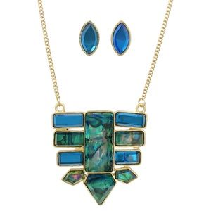 Blue Foil Abstract Spike Long Necklace Earrings